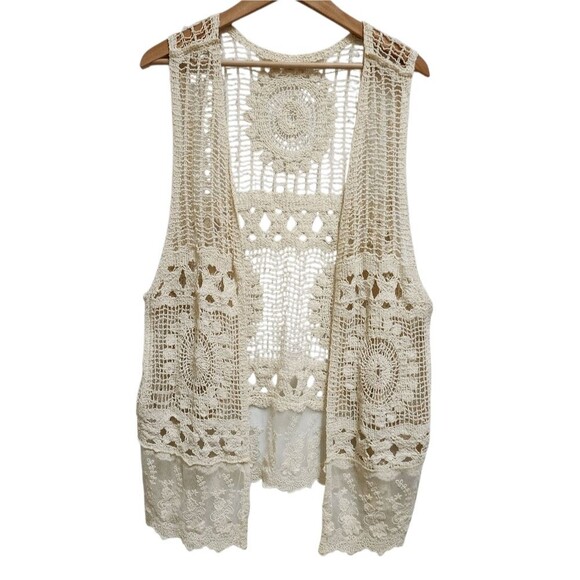 Crochet Vest Womens OS Beige Crochet Lace Hem Sleeveless Open Front Boho Hippie - Picture 1 of 9